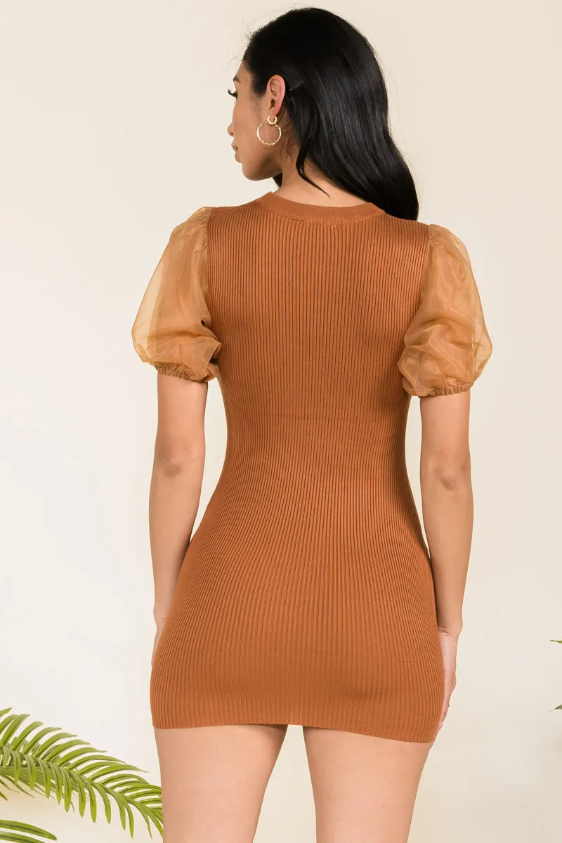 11068 - SHEER PUFF SLEEVE DRESS