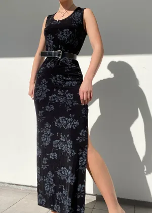 80's Black and Gray Floral Maxi Dress (M)