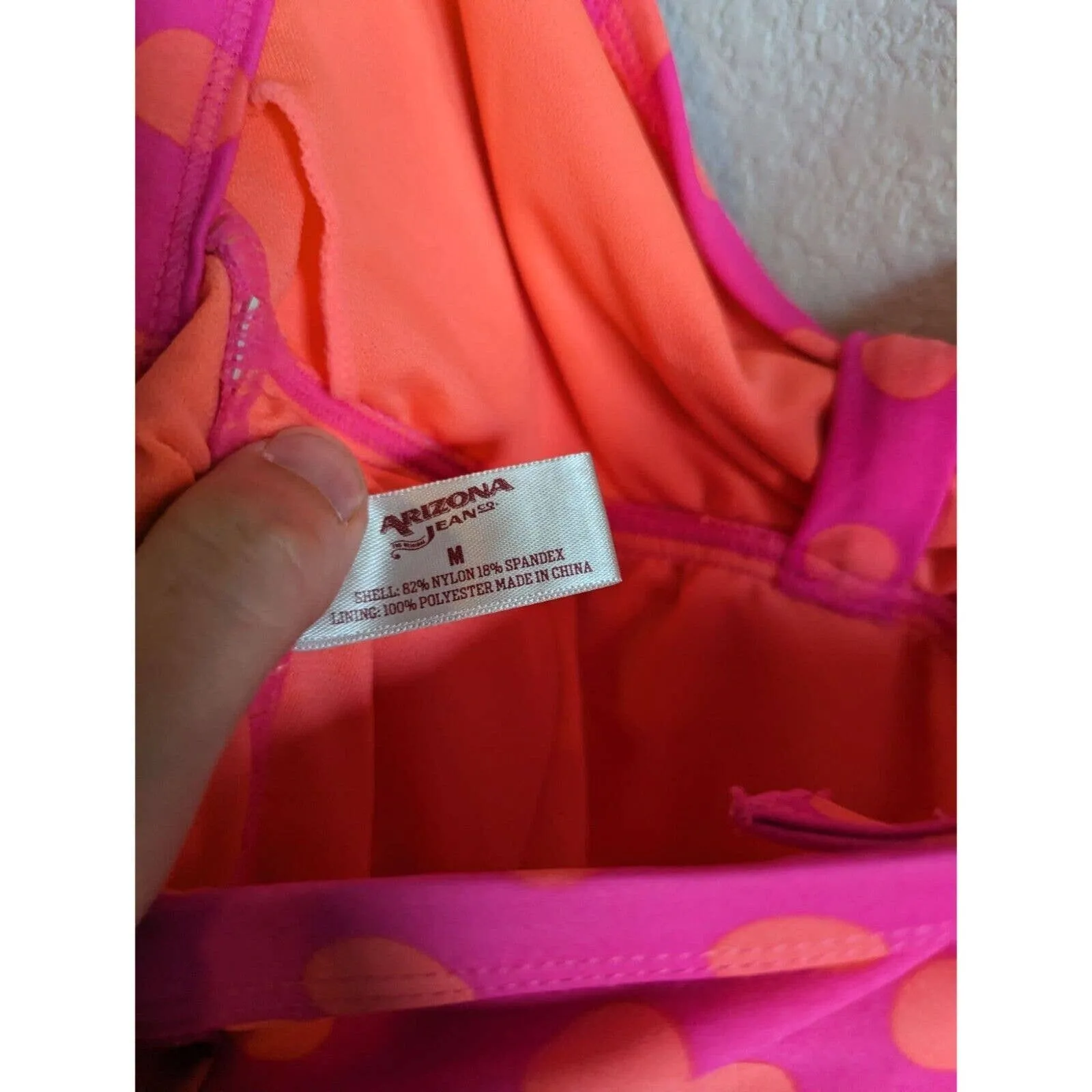 Arizona Jean Co Womens Sz M One Piece Swimsuit Neon Pink Orange Polka Dot