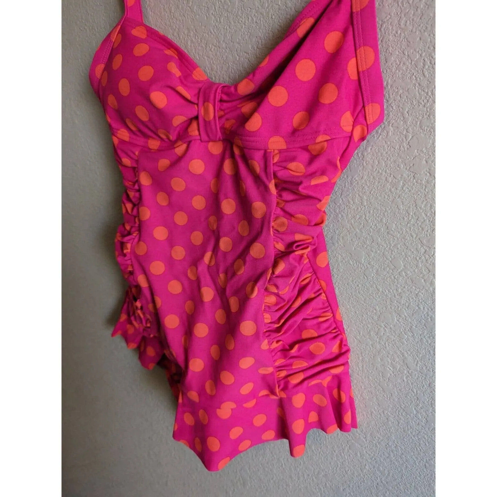 Arizona Jean Co Womens Sz M One Piece Swimsuit Neon Pink Orange Polka Dot