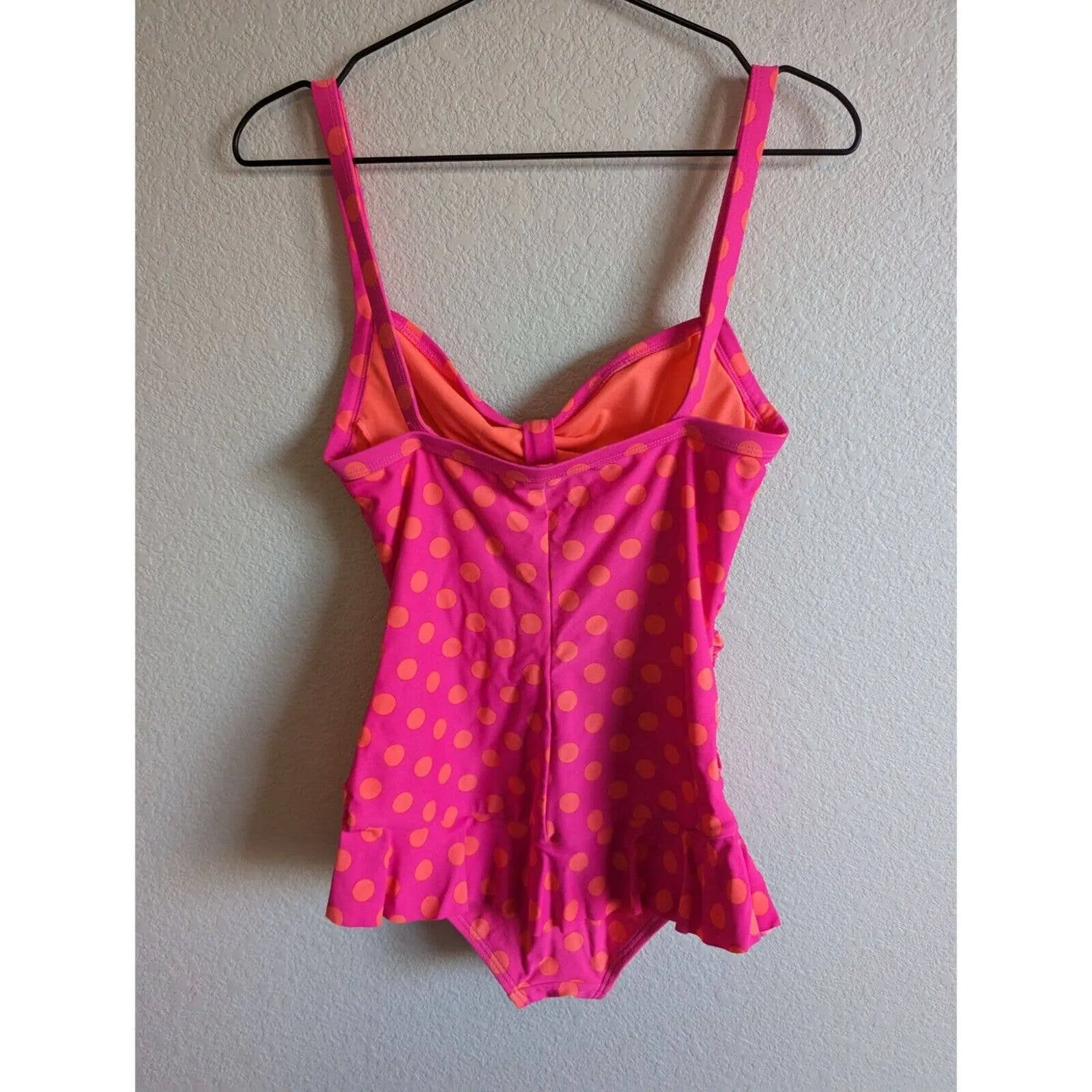 Arizona Jean Co Womens Sz M One Piece Swimsuit Neon Pink Orange Polka Dot