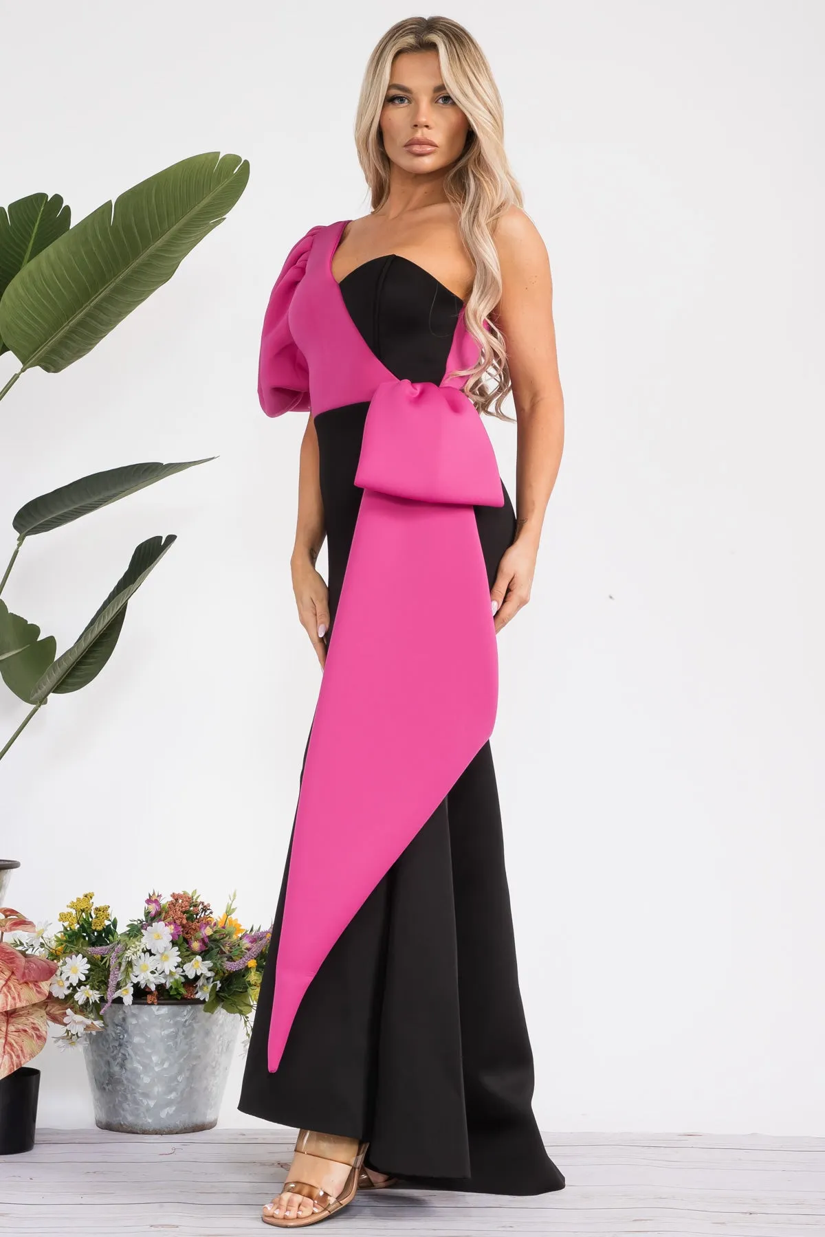 D8906 - ONE SHOULDER PUFF SLEEVE BOW DRESS
