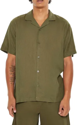 Forever 21 Men's Linen-Blend Cuban-Collar Shirt