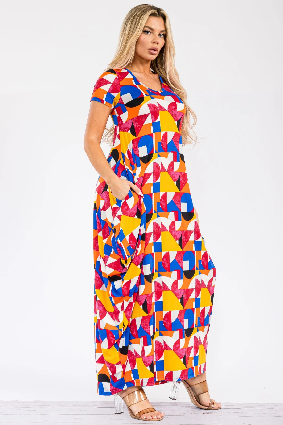 HH645X-ABSTRACT - SHORT SLEEVE MAXI DRESS