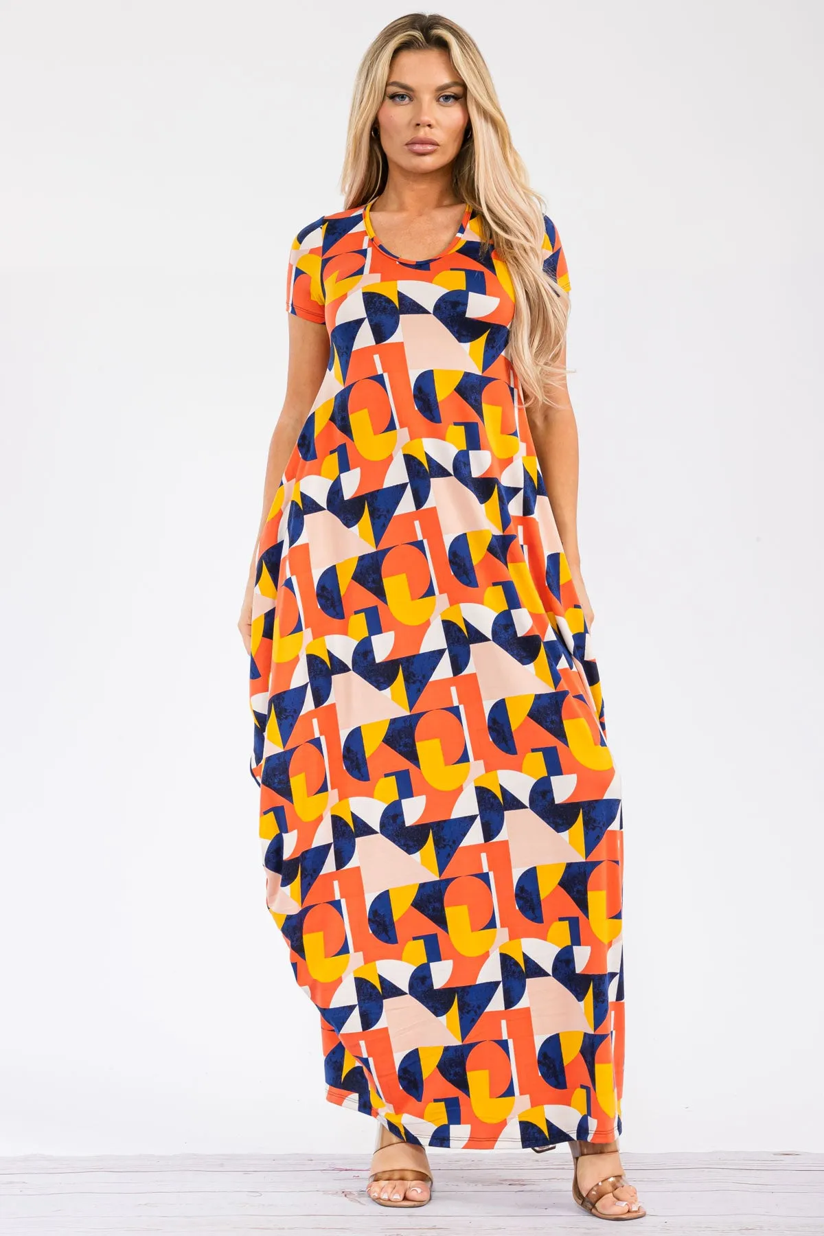 HH645X-ABSTRACT - SHORT SLEEVE MAXI DRESS