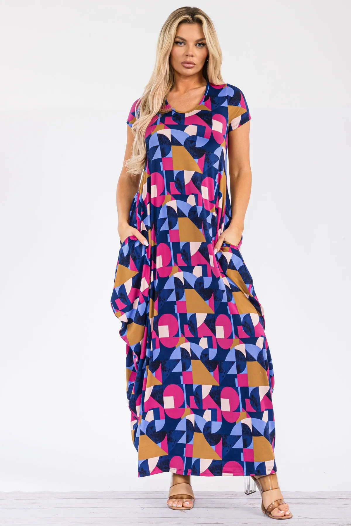 HH645X-ABSTRACT - SHORT SLEEVE MAXI DRESS