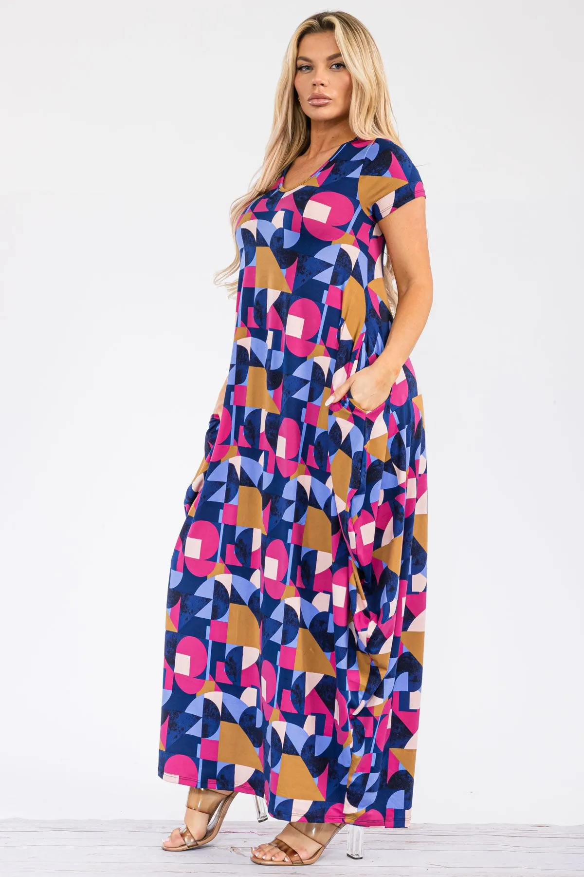 HH645X-ABSTRACT - SHORT SLEEVE MAXI DRESS
