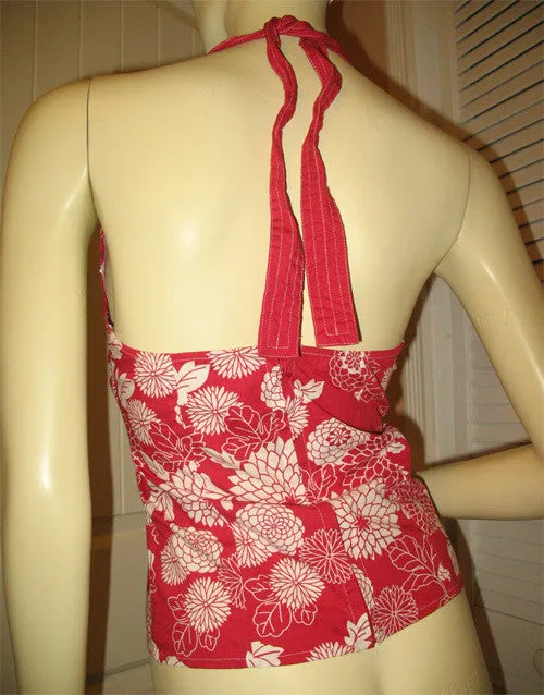Vintage Y2K 90s Charlotte Russe Womens V-Neck Halter Top Small Floral Red White