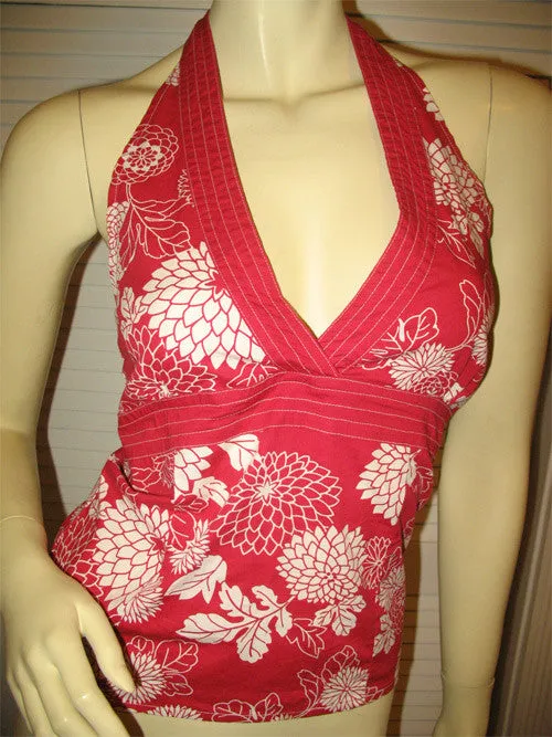 Vintage Y2K 90s Charlotte Russe Womens V-Neck Halter Top Small Floral Red White